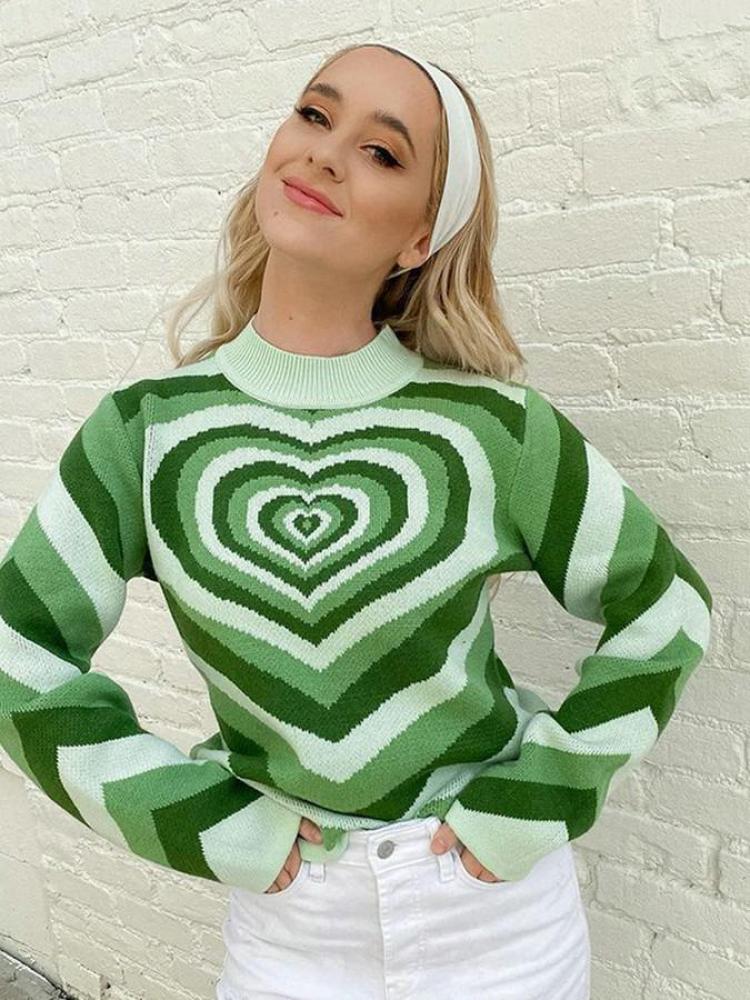 

Colorblock Drop Shoulder Sweater Y2k Knitted Sweater Aesthetics Heart Striped Pullovers Sweater Long Sleeve Turtleneck Jumpers, Green