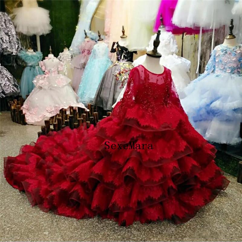 

Girl's Dresses Burgundy Girls Tiered Ball Gown Kids Formal Wear Lace Beads Little Girl Birthday For Special Occasion