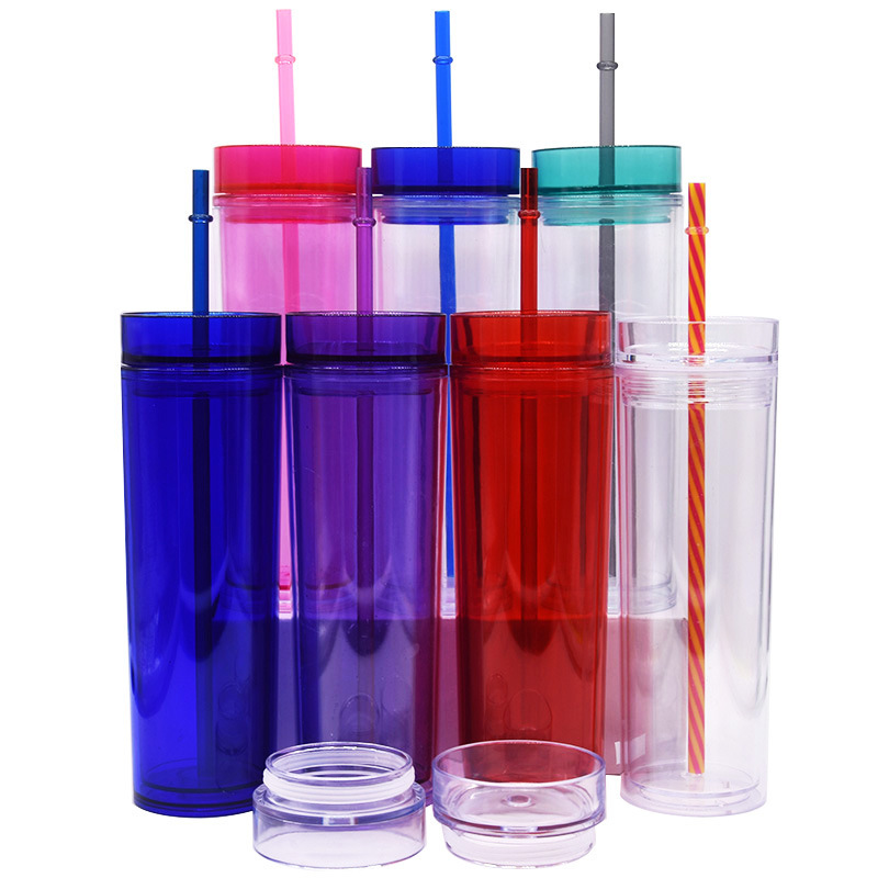 

16oz water cups Double Wall 500ml Tumbler Coffee Drinking Plastic Sippy Cup With Lid Straws 24OZ straight Straw cup Clear, Green