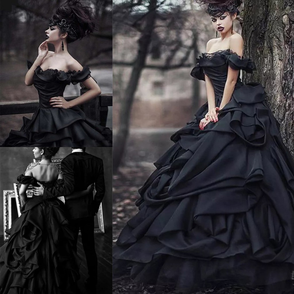 

Vintage Gothic Black Princess Wedding Dresses Luxury Ruffles Ruched Off Shoulder Western Forest Garden Bridal Gowns BC4673], Custom made from color chart