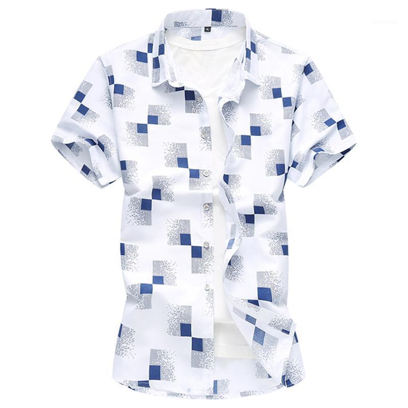 

Blouse Men Camisas Masculinas Hawaiian Shirt Male Short-sleeved Casual Plaid Check Mens Clothing Navy Blue White Men's Shirts, Sky blue4025 6933p30
