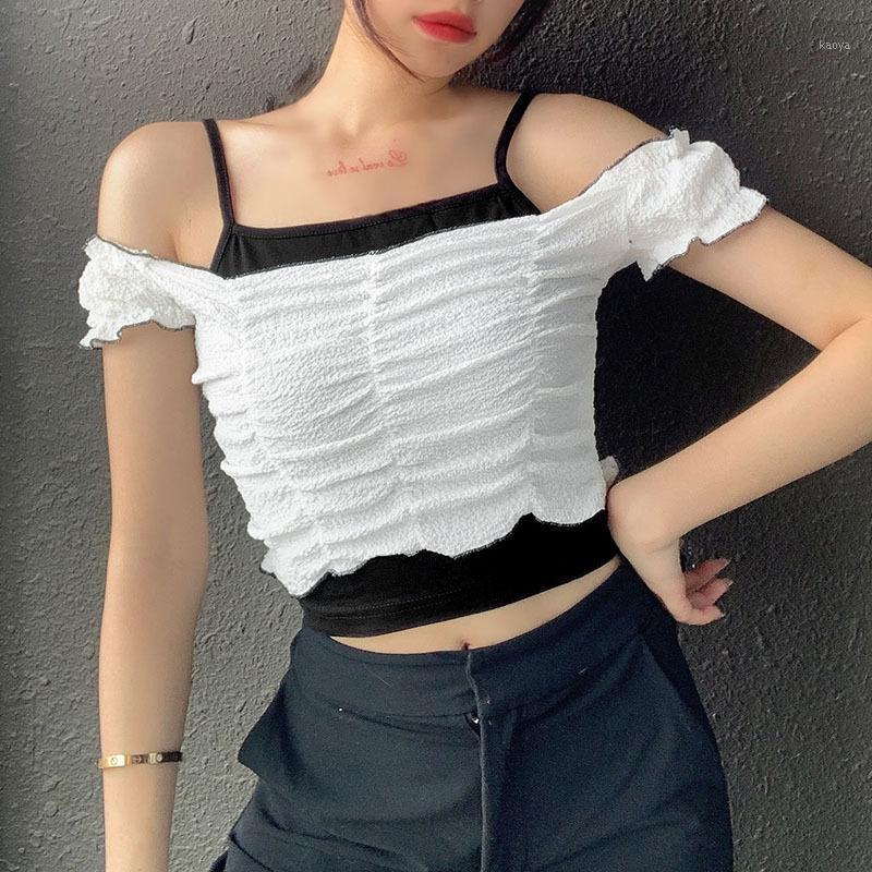 

Summer Women Color Block Camisole Sexy Tank Top Short Sleeve Ruched Off-shoulder Two In One Crop Women' Tanks & Camis, White