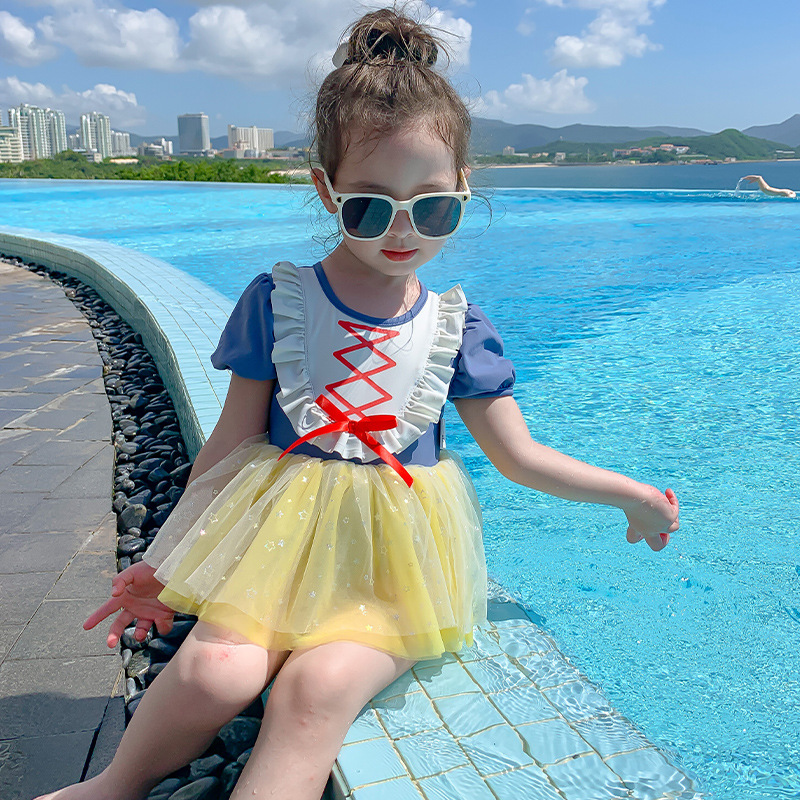 

2022 children princess one-piece swimsuit baby girls summer bowknot gauze skirt baby exotic swimwear kids spa bathing Suits with hat S2053, Blue