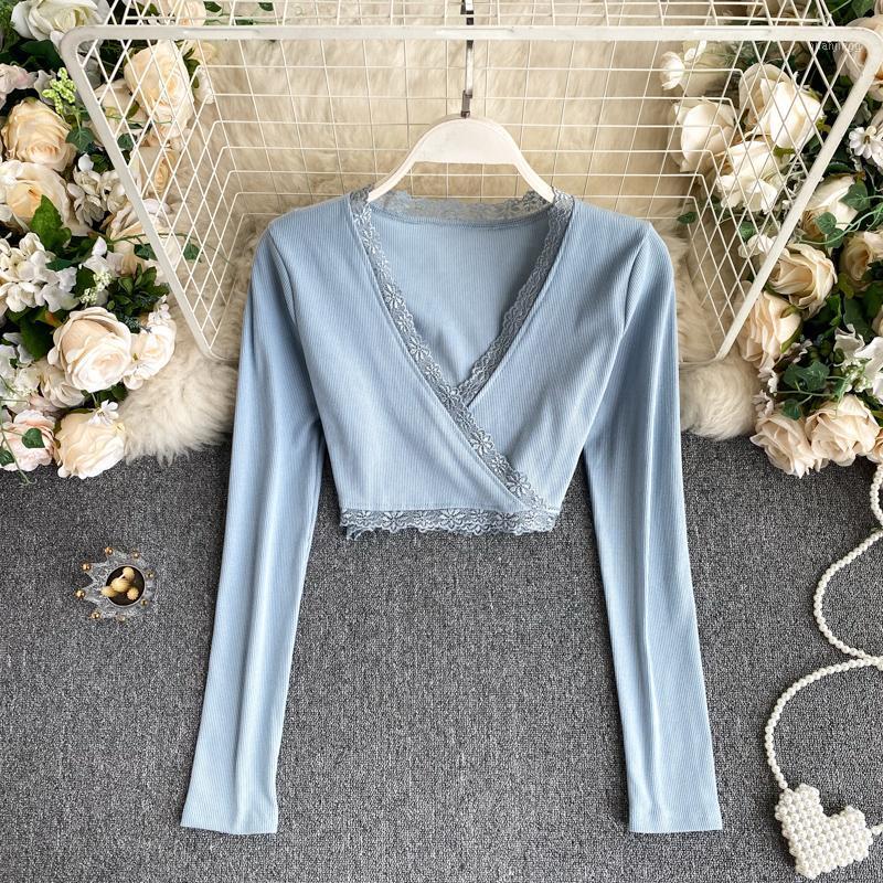 

Sweet Lace-up High Waist Slim V-neck Short Tops Women's Autumn Fashion Long-sleeved Blouse Shirts P512 Blouses &, Black