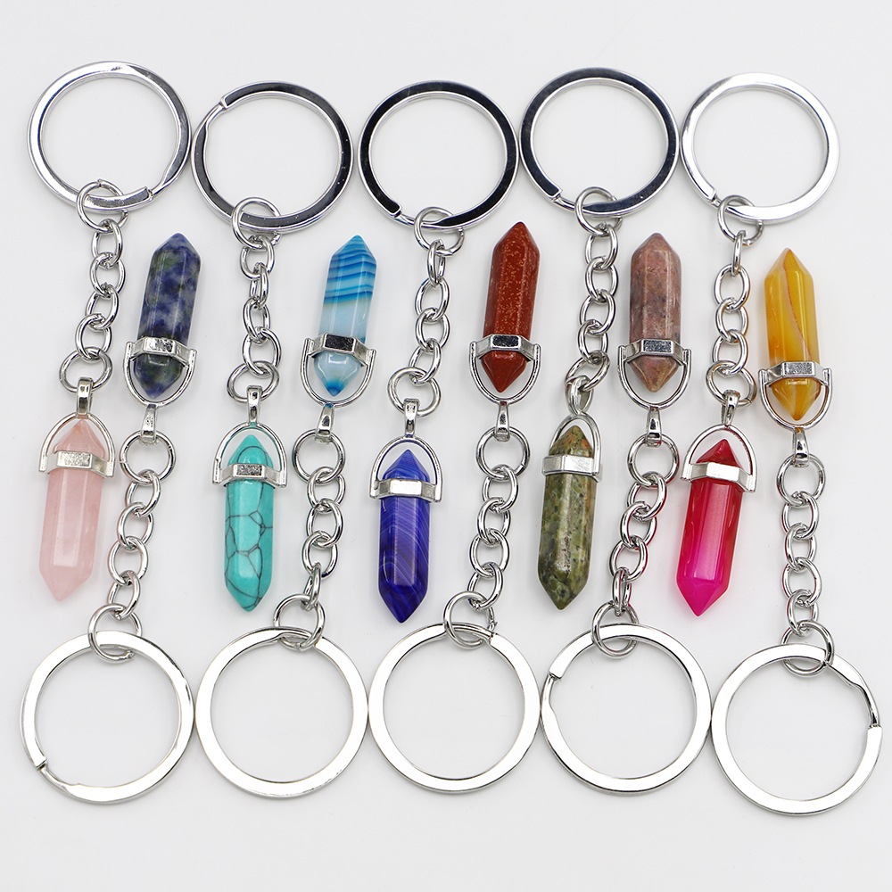 

Hexagon Prism Reiki Healing Natural Stone Keychains Chakra Amethyst Pink Rose Crystal Key rings Keyrings Women Men Jewelry