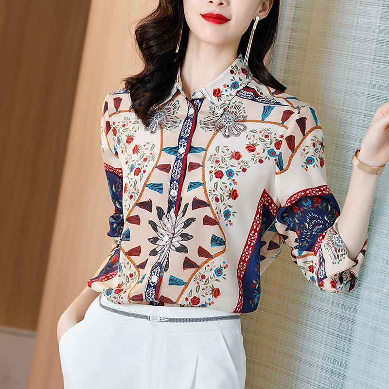 

Women' Blouses & Shirts Silk Shirt Spring 2022 Temperament All-match Lapel Retro Printing Long-sleeved Mulberry Clothing, Beige