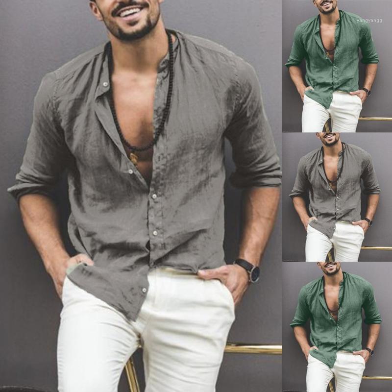 

Men's Casual Shirts European And American Models Of Solid Color Cotton Linen Long-sleeved Stand-up Collar Spot