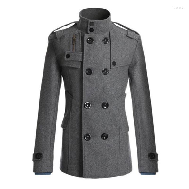 

Men's Trench Coats Men Winter Warm Woolen Coat Slim Fit Casual Autumn Jackets Solid Stand Collar Double Breasted Peacoat Parka Kend22, Black