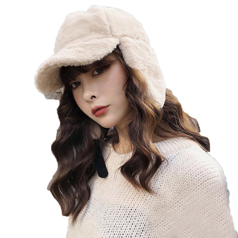 

Berets Korea 4 Colors Women Bomber Hat Solid Faux Fur Earflap Outdoors Winter Warm Trapper Cap Ski Snow Russian Ushanka 2022, White