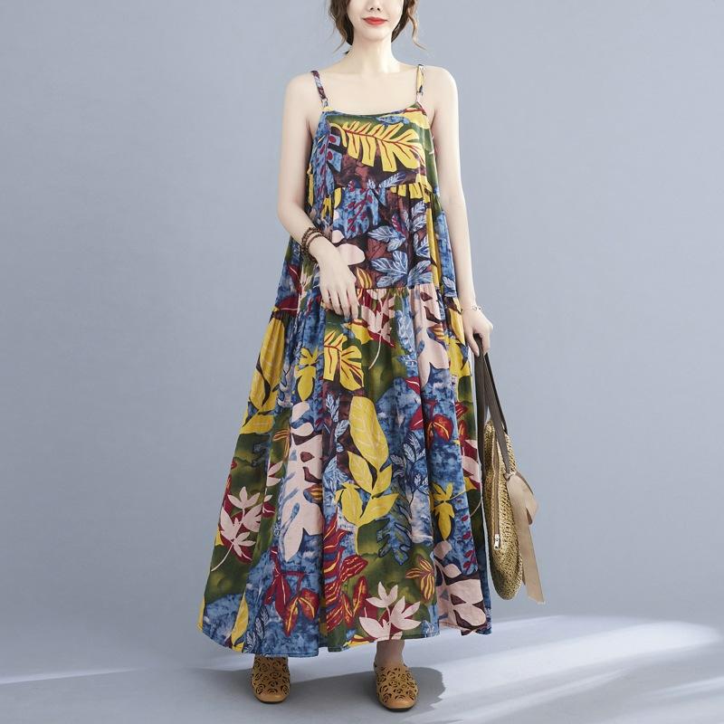 

Casual Dresses Ladies Print Floral Suspender Dress Sleeveless 2022 Summer Autumn Loose Women Long Retro Cotton Sweet StyleCasual, Colour