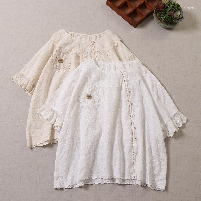 

Women's Blouses & Shirts Sweet Mori Girl Lace Short Sleeve Shirt Loose Cotton Embroidery Blouse Women SummerWomen's Chee22, Beige