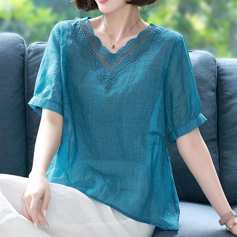 

Women's Blouses & Shirts Embroidered V-neck Blouse Women's Top 2022 Oversize Ladies Solid Lace Hollow Summer Short-sleeve Blusas De Muje, Blue