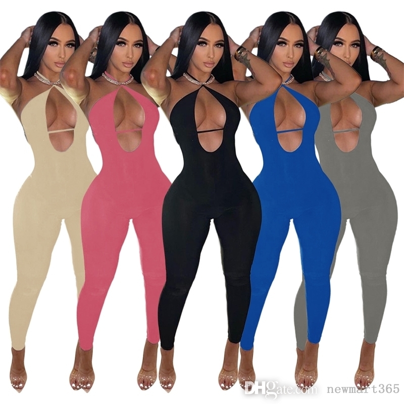 

Sexy Designer Jumpsuits For Womens Hollow Out Rompers Spring And Summer Hanging Neck Bodysuit Open Back And Hip Lifting Sports Onesies, Pink
