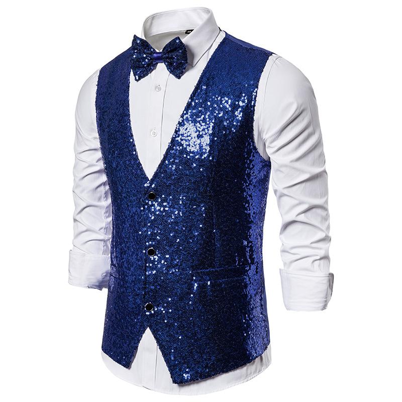 

Men' Vests Shiny Gold Sequins Suit Vest Men 2022 Brand Single Breasted V Neck Waistcoat DJ Nightclub Singers Gilet Homme Costume, Blue