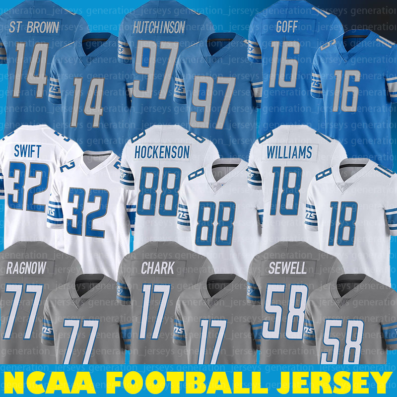 

Jared Goff Football Jersey D'Andre Swift Jameson Williams Amon-Ra Brown Chark Hockenson Frank Ragnow Penei Detroits''Lions''Sewell Alex Anzalone Amani Oruw, Custom women jersey