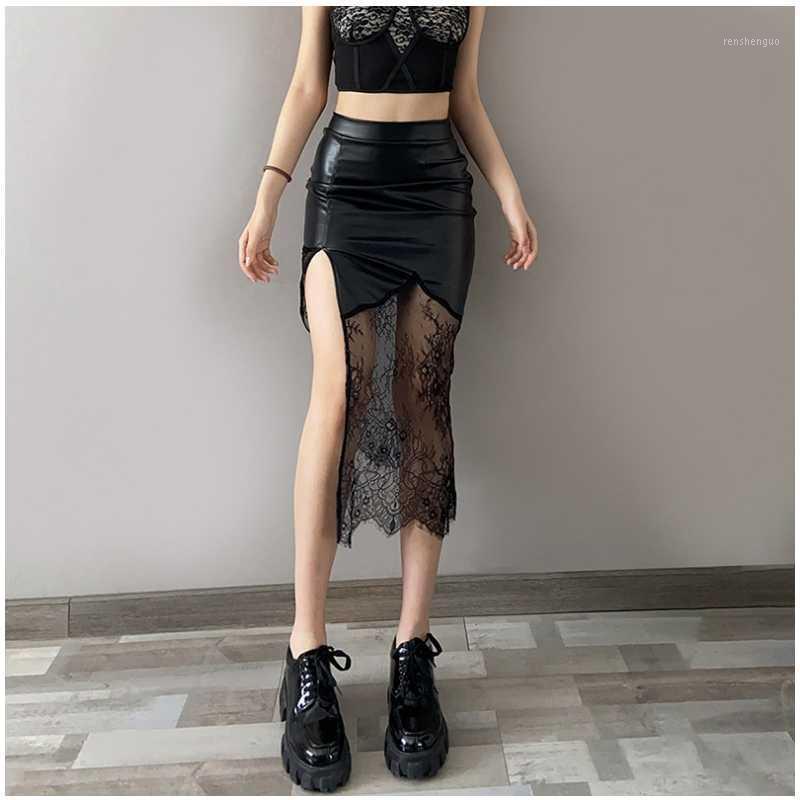 

Skirts 2022 Summer Women Personality Patchwork Mesh High Waist Bag Hip Skirt Sexy Design Fashion PU Leather Club Split Fork Short, Black