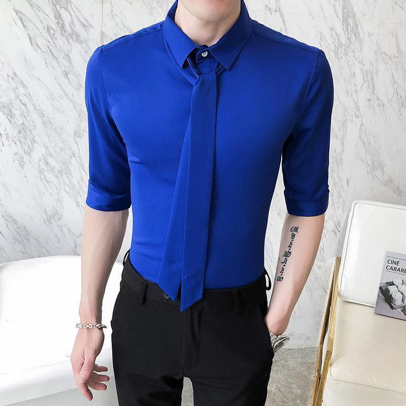 

Men's Casual Shirts Red Button Up Shirt Men British Style 2022 Summer Korean Slim Fit S-5xl Camisa Social Masculina Lace Tie Mens, Black