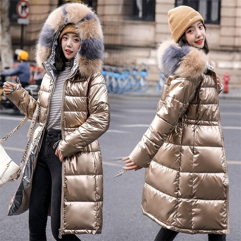 

Big Fur Winter Jacket Women Parkas Hooded Waterproof Down Parka Female Jacket Glossy Long Coat Woman Slim Warm Outwear 201201, No fur short balck