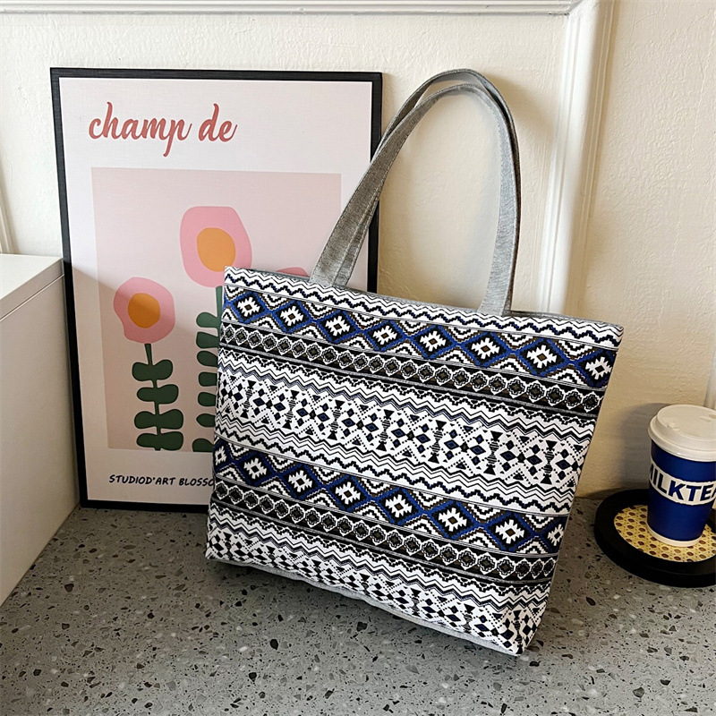 

2022 Women Canvas Bag Retro Print Handbag Tote Large Bag Vintage Blue Checkered 061126, Light sky