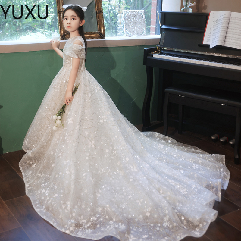 Bling white Sequined Ball Gown Girls Pageant Dresses 2022 Lace Ruffles Bow Plus Size Cheap Toddlers Kids Dresses Pageant Dresses for Teens-image-786552226