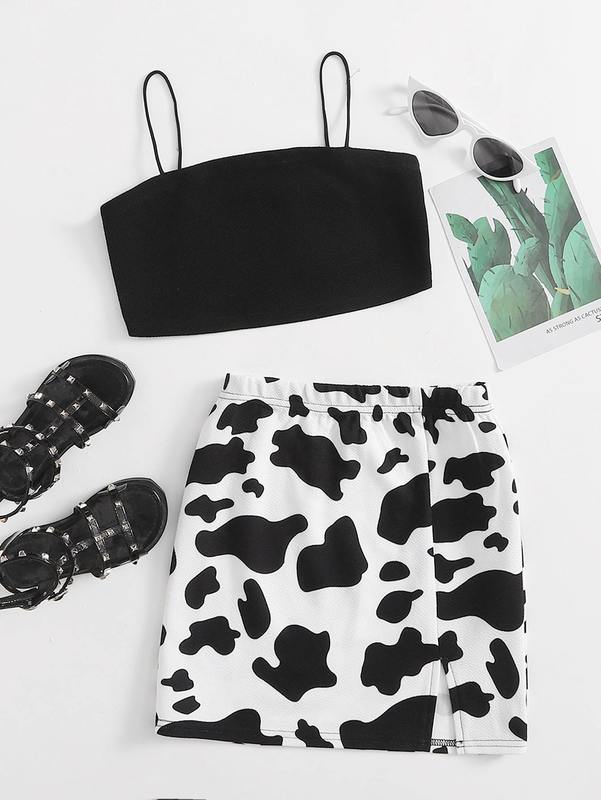 

Girls Solid Cami Top & Split Hem Cow Print Skirt Set SHE, Black and white
