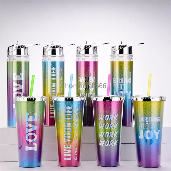 

New!!! 550ml Tumblers Rainbow Gradient Color Water Bottles Double-layer Plastic Straw Cup Portable Outdoor Sport Running Water Drinkware Bottle Fast Delivery!!! AA, As pic