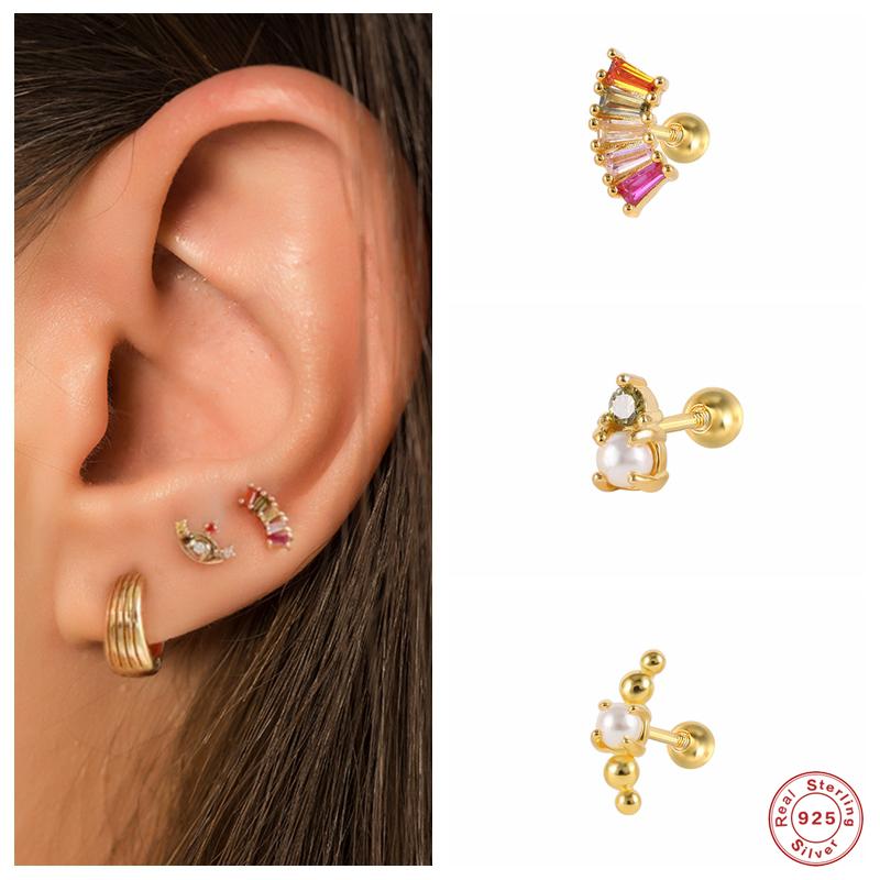 

Stud Aide 925 Sterling Silver Colored Zircon Mosaic Earring Climber For Women Imitation Pearl Beads Line Shape Cartilage Ear StudsStud