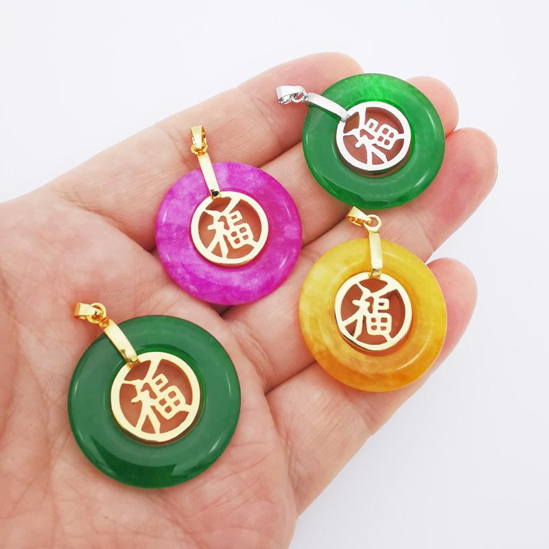 

Pendant Necklaces Charming Big 30x30MM Blue Green Orange Jades Donut Hollow Cutting "Fu" Word Luck Amulet Necklace