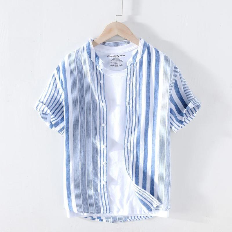 

Striped Short Sleeve Shirts For Men Stand Collar Personalized Fashion Casual Plue Linen Tops Men's Clothing, Blue