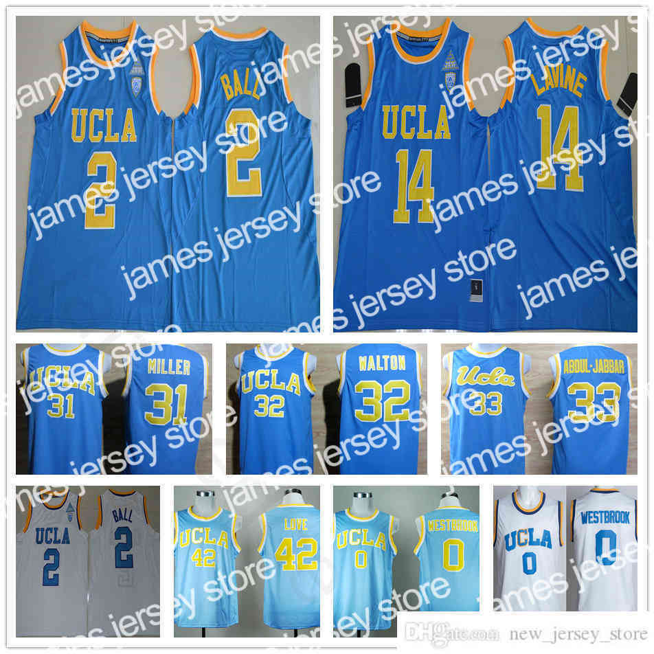

James NCAA UCLA Bruins Lonzo 2 Ball Zach 14 LaVine 32 Walton Kevin 42 Love Reggie 31 Miller Russell 0 Westbrook Stitched Basketball Jersey, Gold