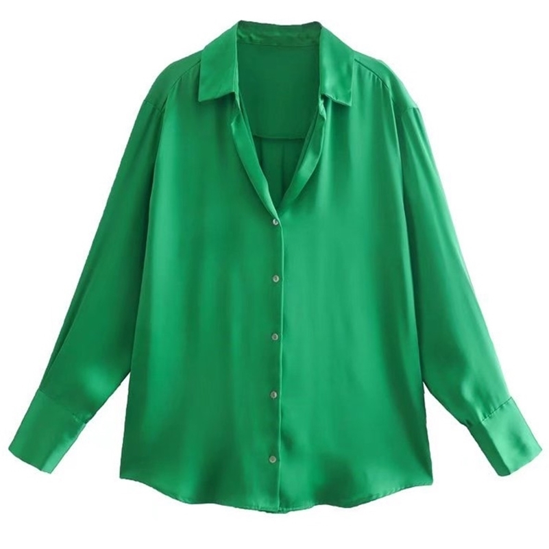 

TRAF Women Fashion Office Wear Loose Basic Satin Shirts Vintage Long Sleeve Buttonup Female Blouses Blusas Chic Tops 220813, As picture