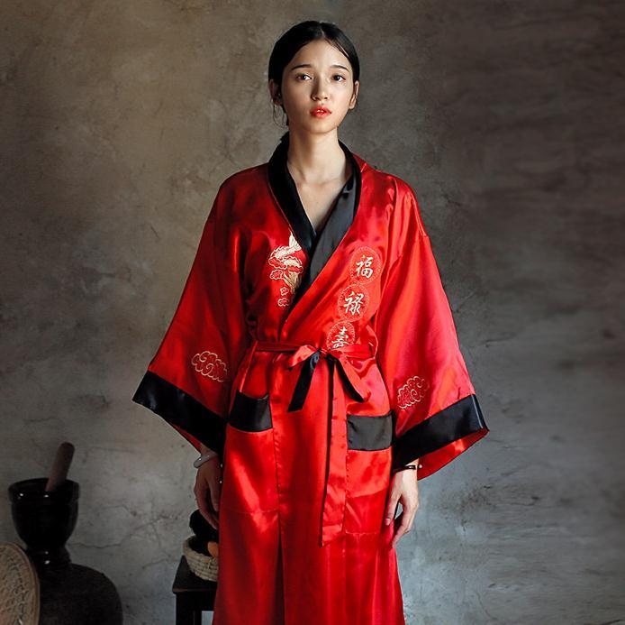 

Women's Sleepwear Novelty Reversible Black Red Women Satin Kimono Handmade Embroidery Dragon Nightgown Robe Gown Two Side SleepwearWomen's, Gold black