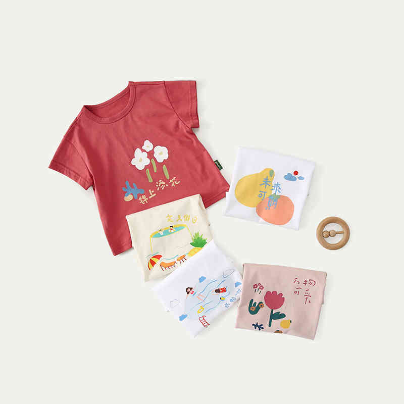 

Girls' and boys' short sleeve 2022 new children's foreign style girls' T-shirt summer printed top, Pink (all things are lovely)