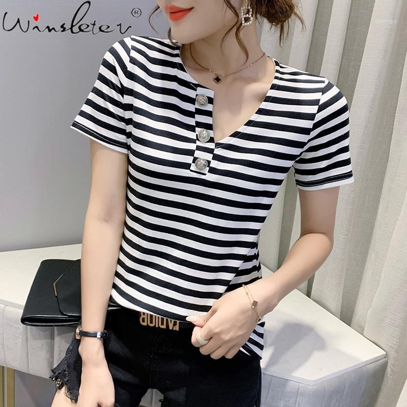 

Women's T-Shirt Summer Korean Style Solid Cotton Loose Sexy Irregularity Button Women Tops Bottoming Shirt Short Sleeve Tees T14930A, White tshirt