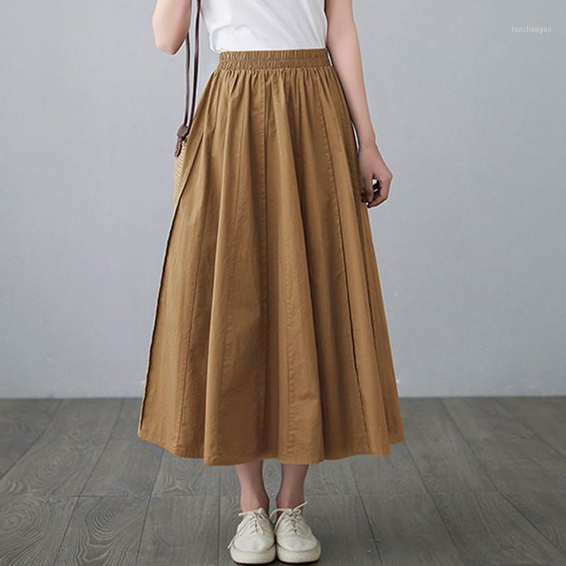 

Skirts Women High Waist Casual Arrival 2022 Summer Vintage Style Solid Color Loose Female Cotton A-line Long Skirt Big Swing, Khaki