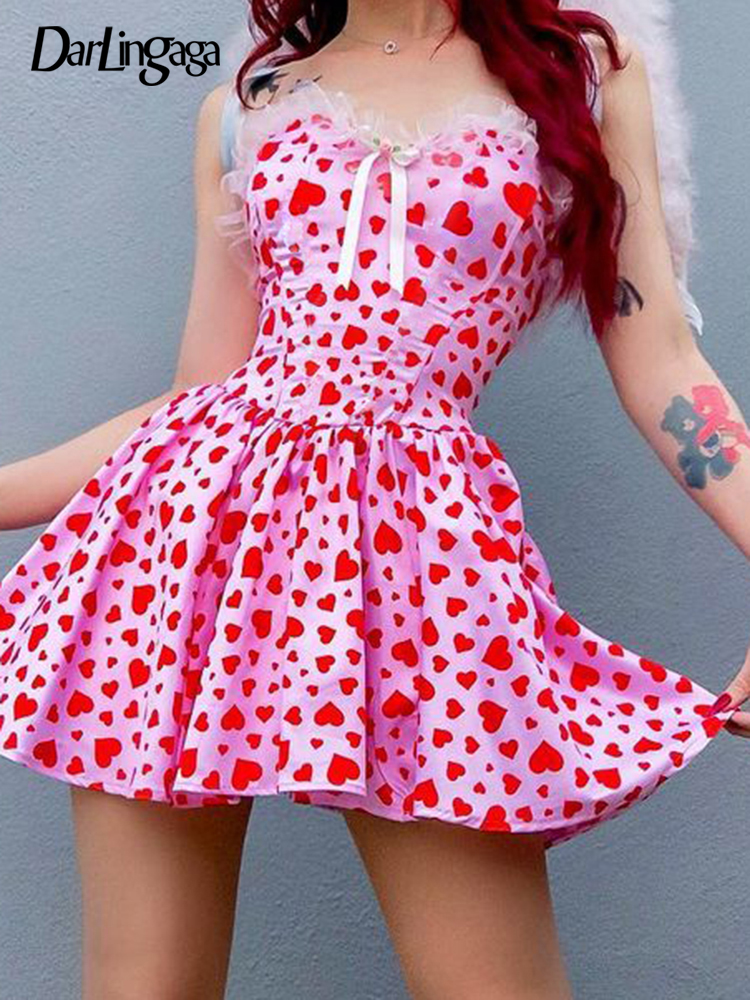 

Darlingaga Sweet Pink Heart Printed Strapless Corset Pleated Dress Mini Fashion Ruffles Patchwork Bow Summer Dress Party Clothes