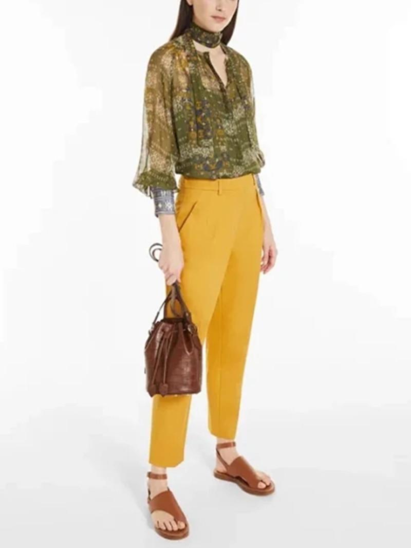 

Women' Blouses & Shirts Women Scarf Collar Vintage Print Blouse Summer Lady Long Sleeve Loose Fashion Elegant Shirt With Lace-upWomen