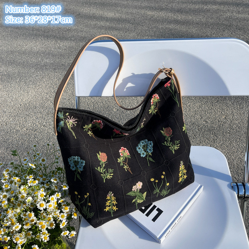 Wholesale ladies leather shoulder bags sweet ethnic embroidery tote bag large capacity lightweight canvas handbag street personality flower fashi-image-746579621