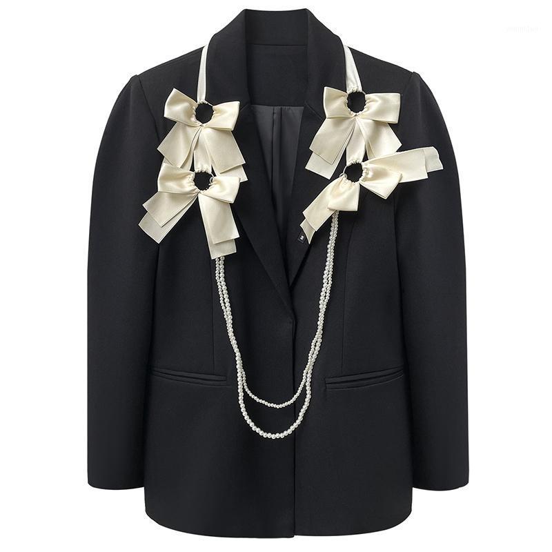 

Women' Suits & Blazers Black Bow Pearl Spliced Big Size Women Elegant Lapel Long Sleeve Loose Fit Jacket Fashion Spring Autumn 2022 Blazer