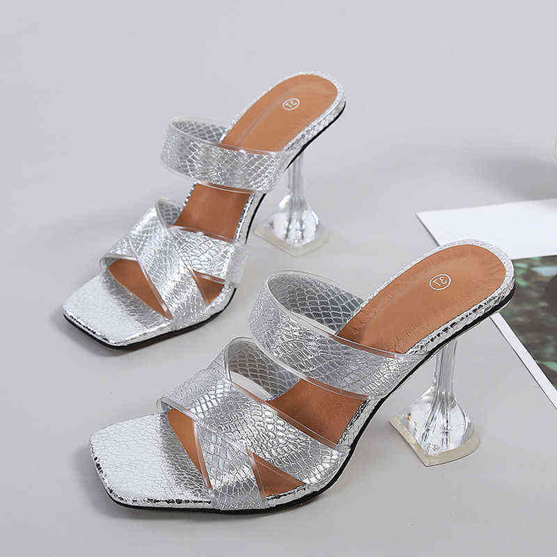 

Silver Snake Print Womens Slippers Sandals Fashion Square Toe Transparent Strange Heels Mules Party Shoes Female Size  46 220530, Golden