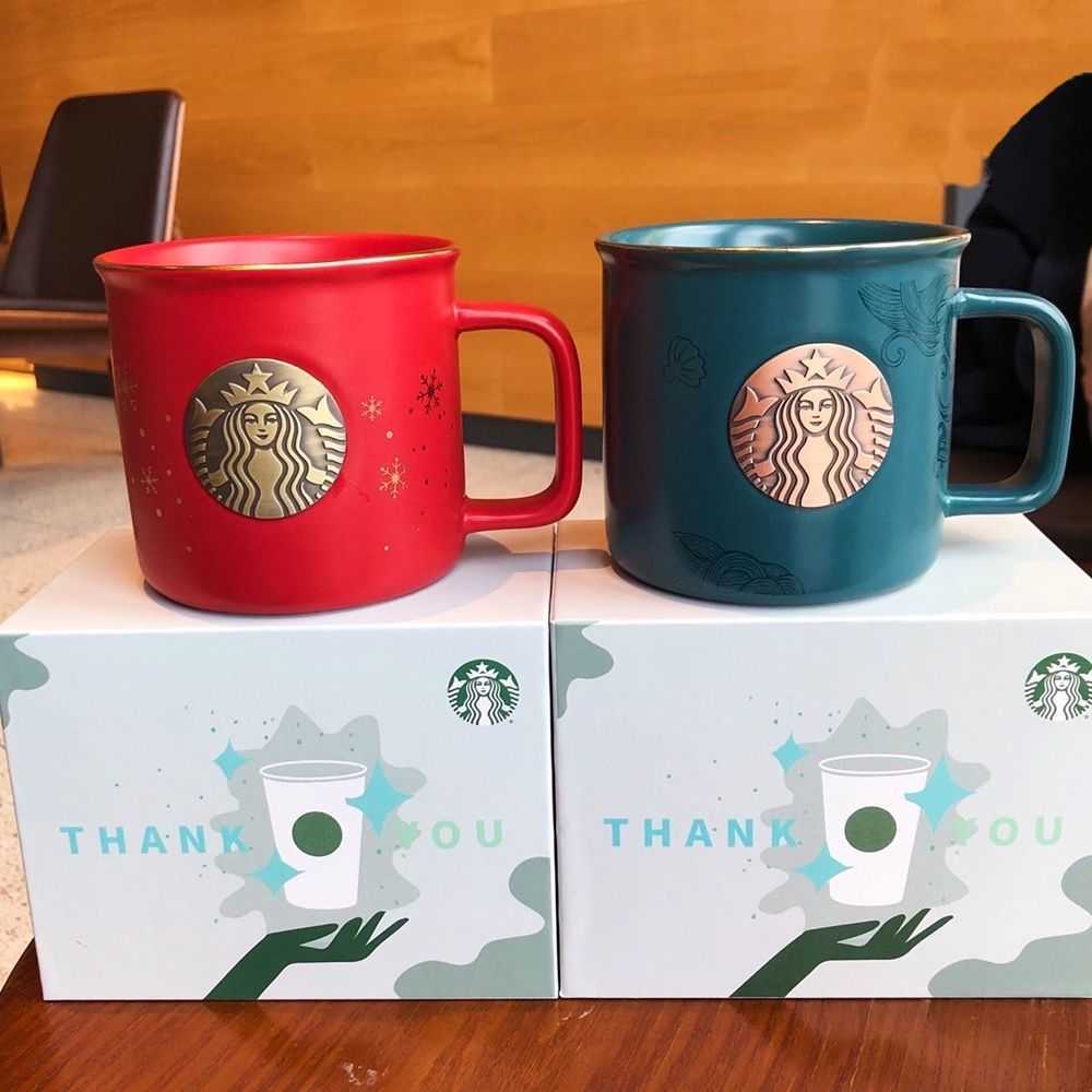 Starbucks couple cup snowflake enamel ceramic mug blue large capacity Mermaid copper chapter coffee cup-image-759391910