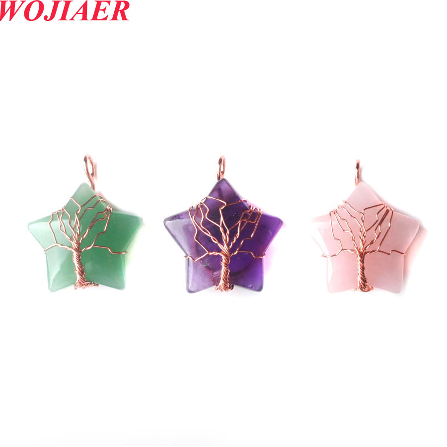 European Jewelry Crystal Natural Stone Necklace Wrap Wisdom Tree Rose Gold Star Pendant BO976-image-793534351