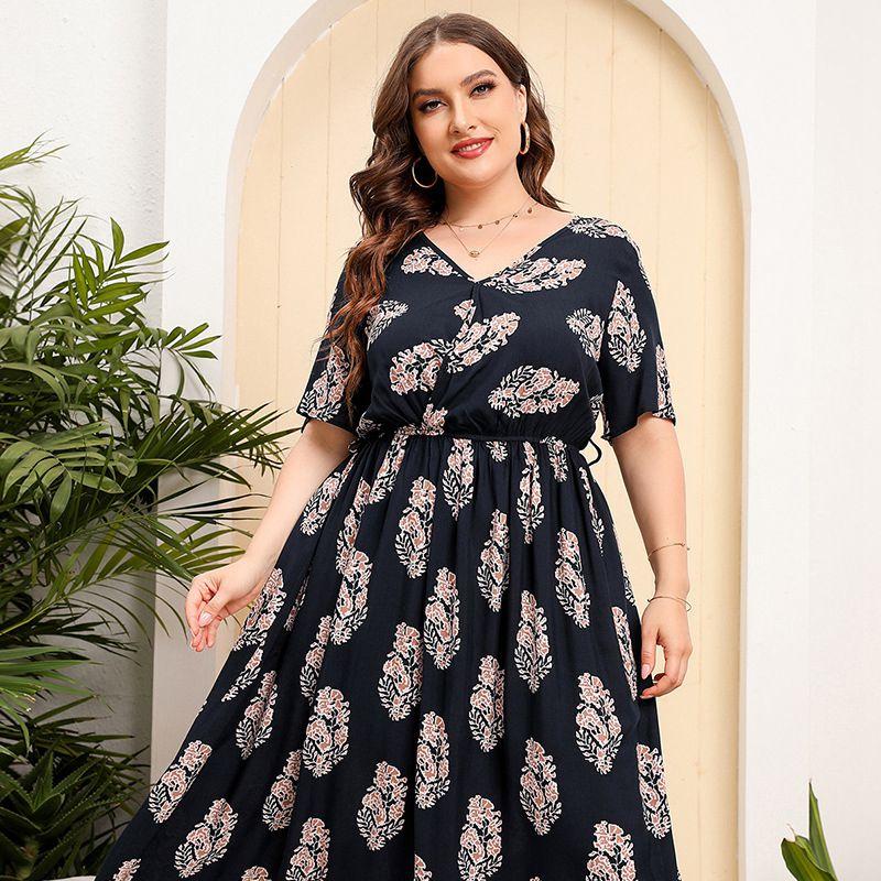 

Plus Size Dresses Flower Shortsleeve Swing Dress Loose V Neck Holiday Style Long Skirt Beach SkirtPlus, Blue