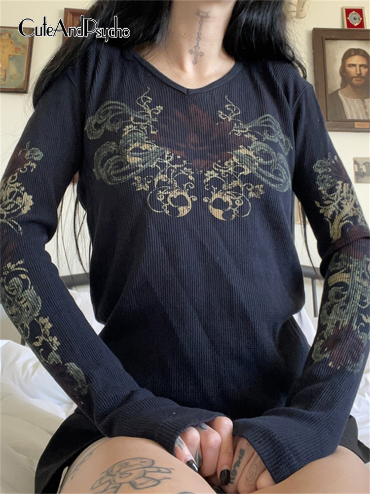 

Retro Fairycore Grunge Clothes Graphic Print Dark Academia Gothic Tshirts Chic Aesthetic 2000s Slim Outfits Cuteandpsycho 220714, Gray