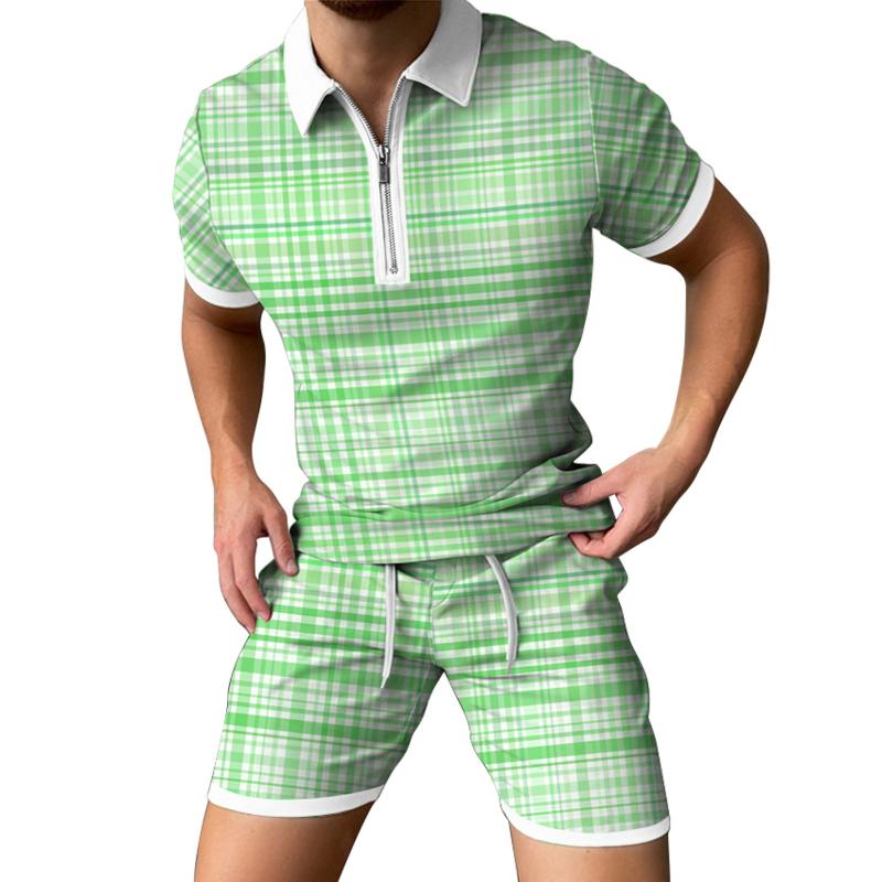 

Men's Tracksuits Slim Suits Mens Spring/Summer Short Sleeve Zipper Lapel Plaid Print Casual Sports Suit Roaring 20s For MenMen's, Light blue