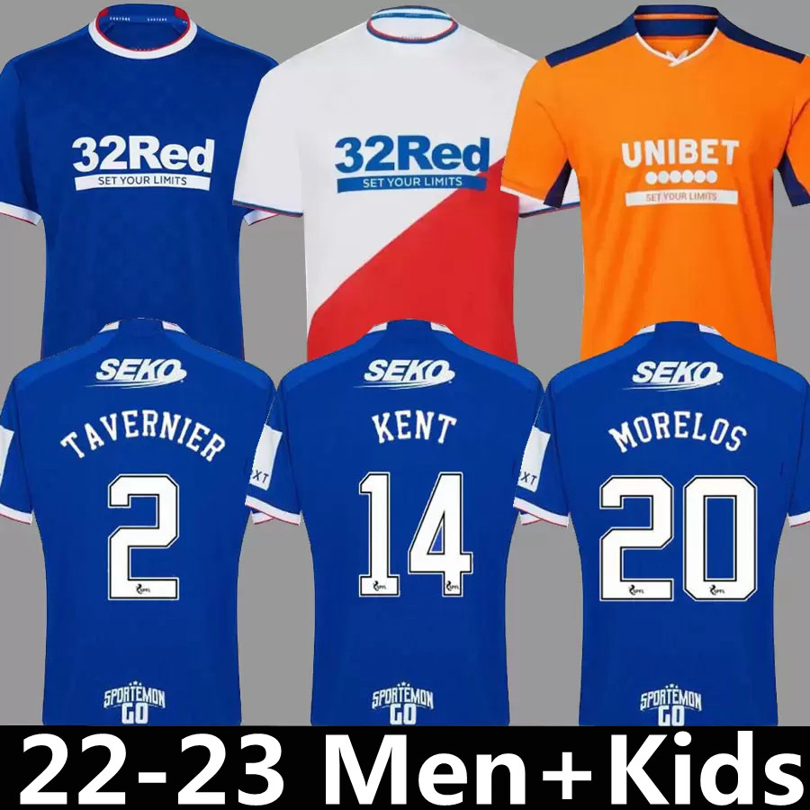 

22 23 Rangers Soccer Jerseys Glasgow Legends TAVERNIER MORELOS Roofe Arfield DEFOE Aribo 2022 2023 home away third SAKALA HAGI BARKER KENT men kids kit Football Shirt, 2022 away patch