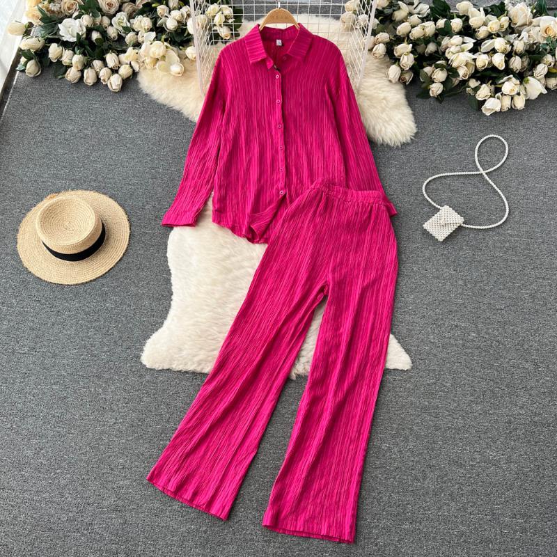 

Women's Two Piece Pants Casual Solid Pleated Set Women Outfit Summer Sets Autumn Loose Long Sleeve Shirts High Waist Wide Leg PantsWomen's, Black