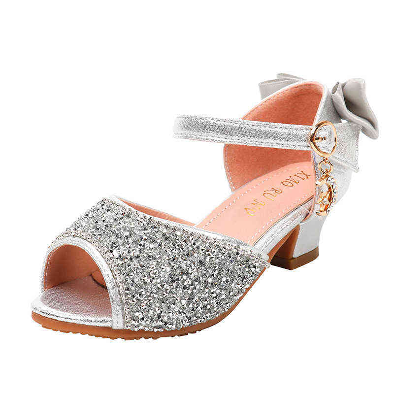 

Girls sandals children's performance high-heeled princess shoes kids girls sequin sandals dent single shoesfor party fashion G220418, Silver