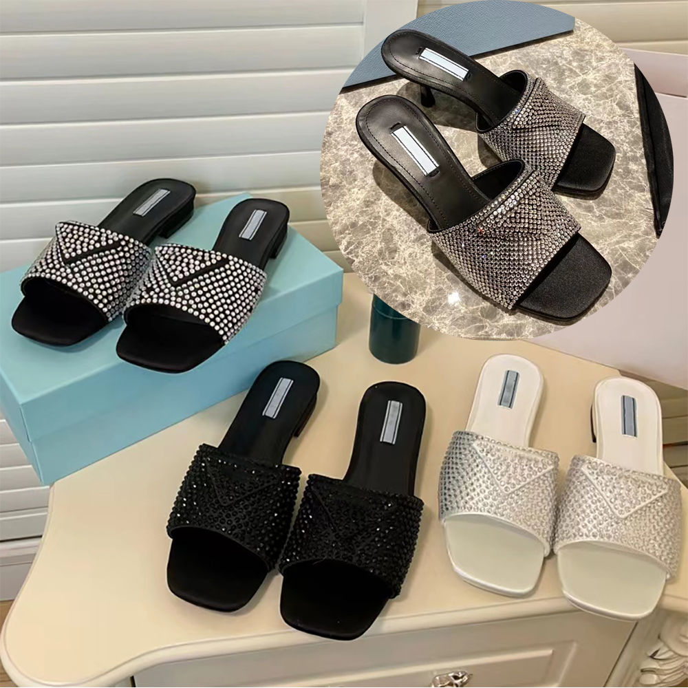

Spring 2022 New Crystal diamond Slippers Iconic triangle logo square head high-heeled women shoes Size 35-41, Flat black