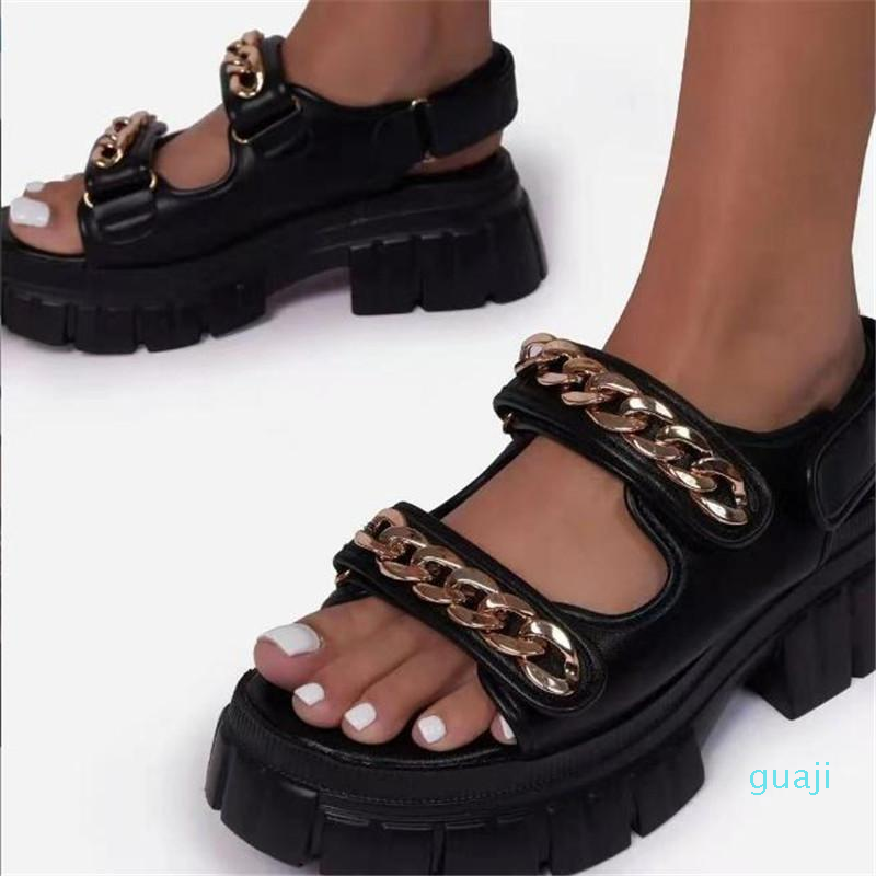 

Dress Shoes Summer Metal Chain Platform Sandals For Women Ankle Strap Flip Flops Flat Beach Slippers Female Designer Casual Mujer, Auburn